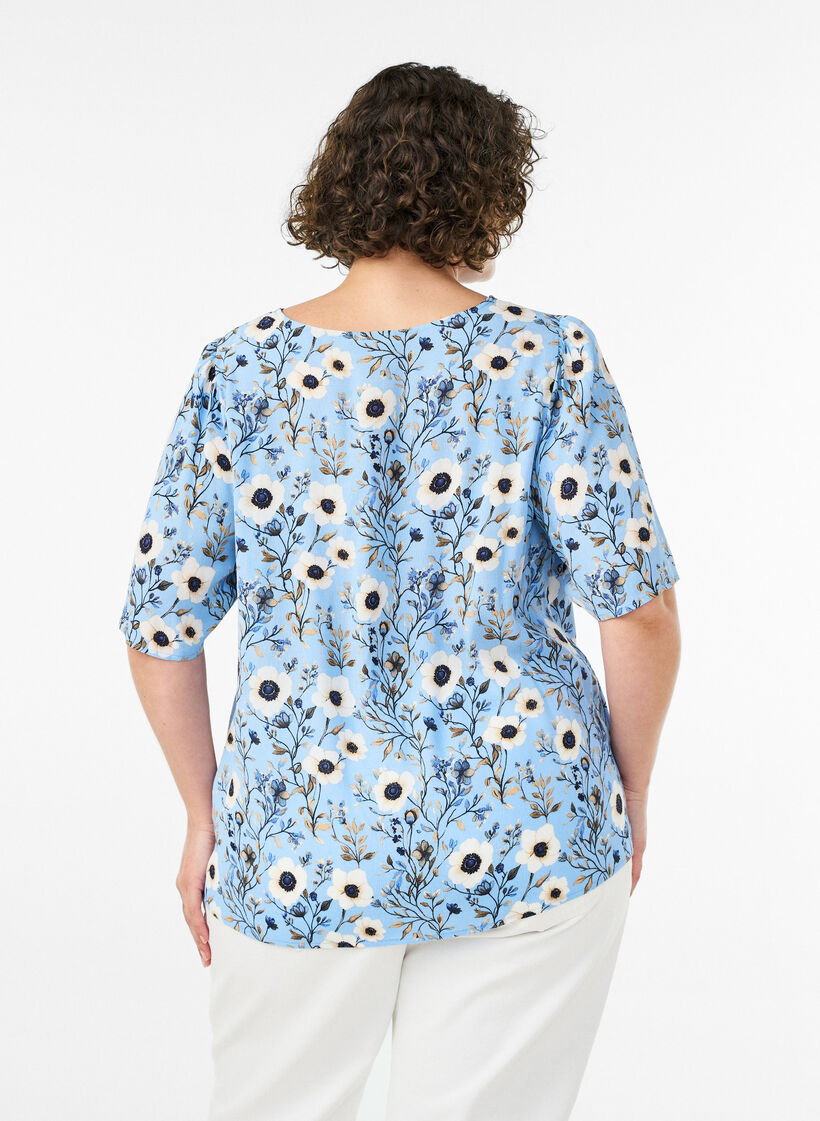 Floral blouse with short sleeves, Blue, Model image number 2