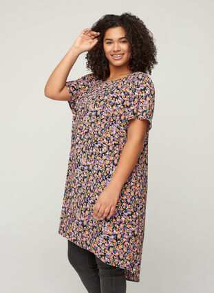 Plain-coloured dress with shorts sleeves, Black Flower AOP, Model image number 0