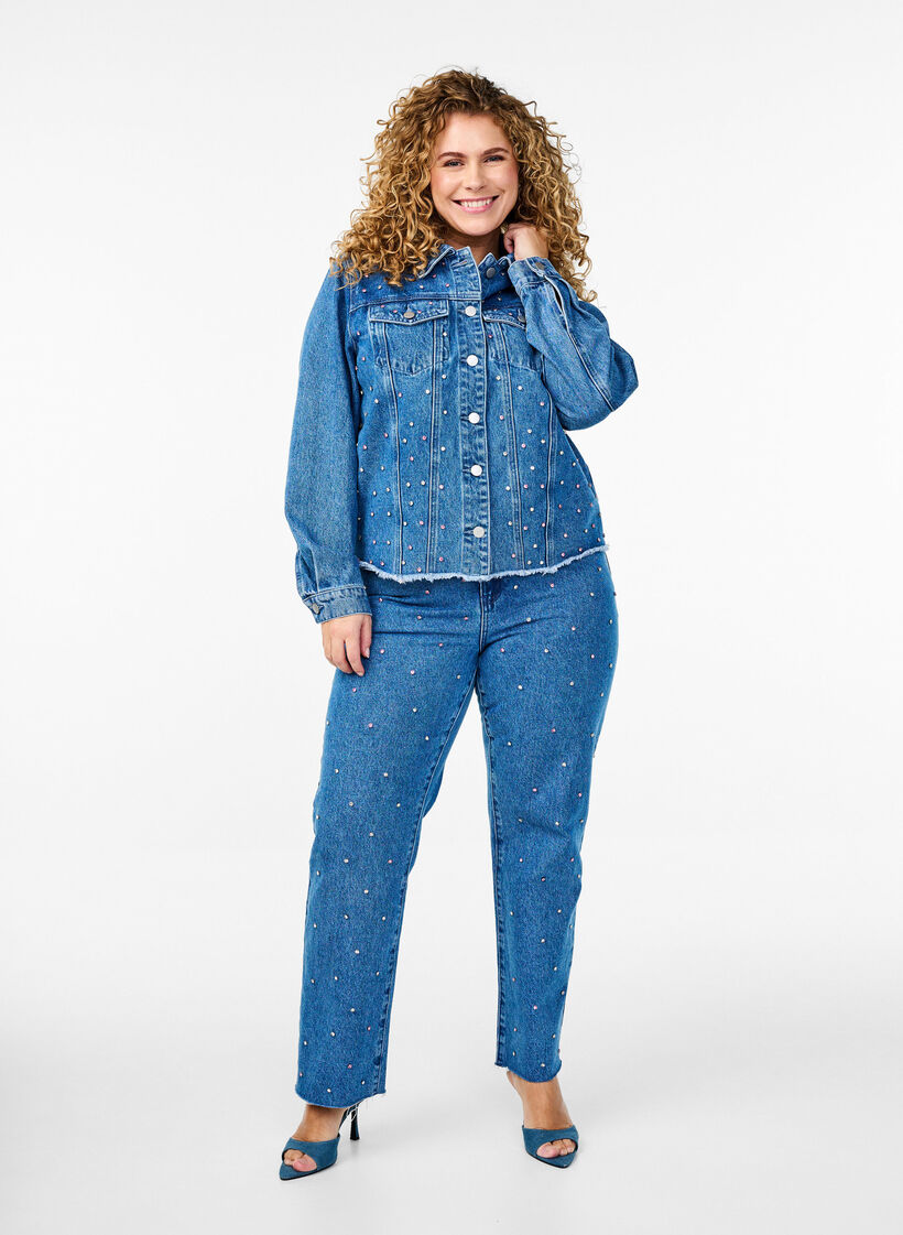 Denim jacket with rhinestones and a raw hem, Blue, Model image number 1