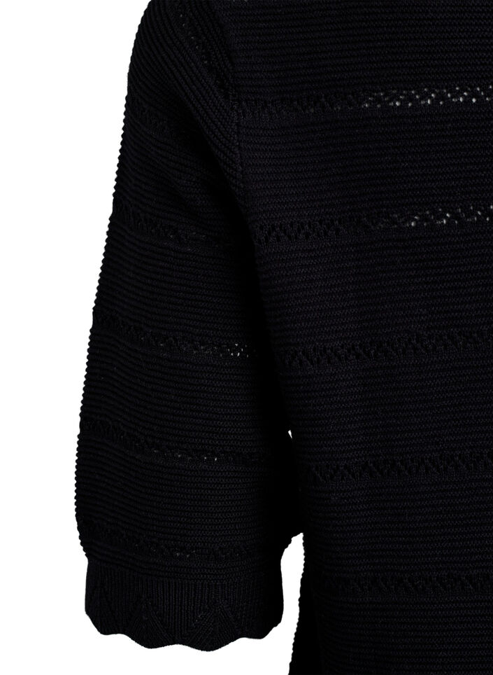 Knitted blouse with a striped openwork pattern and short sleeves, Black, Packshot image number 3