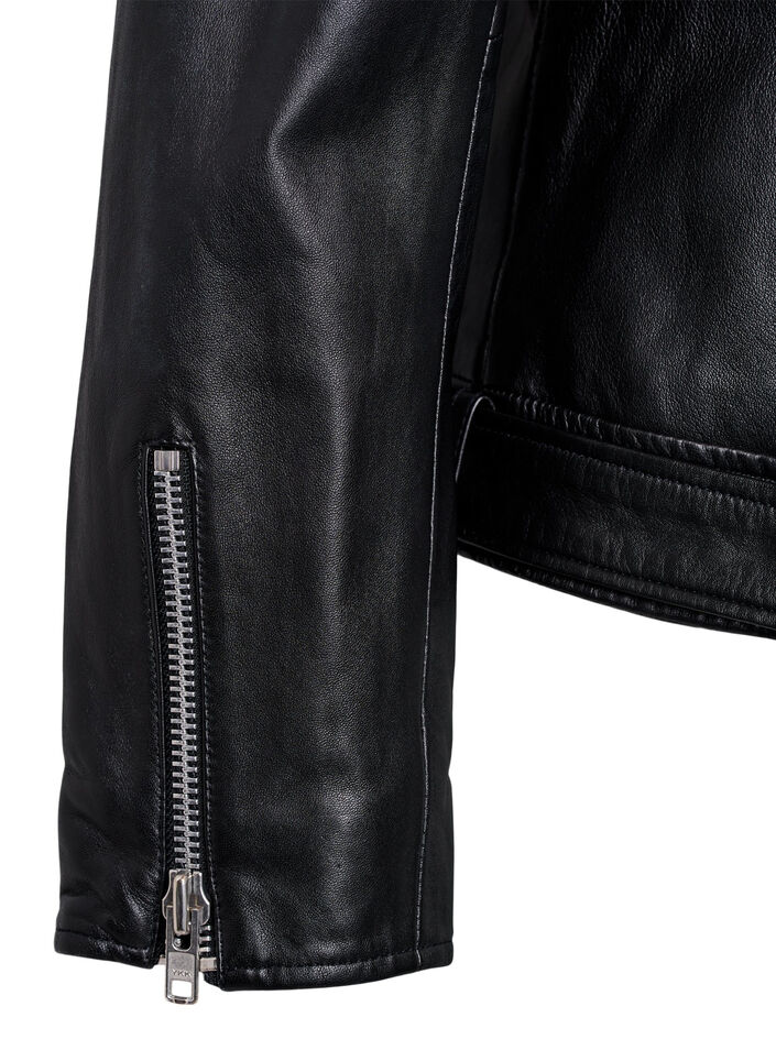 Leather biker jacket with belt, Black, Packshot image number 3