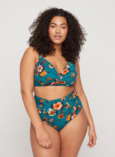 High-waisted bikini bottoms with floral print, Green Flower, Model image number 0