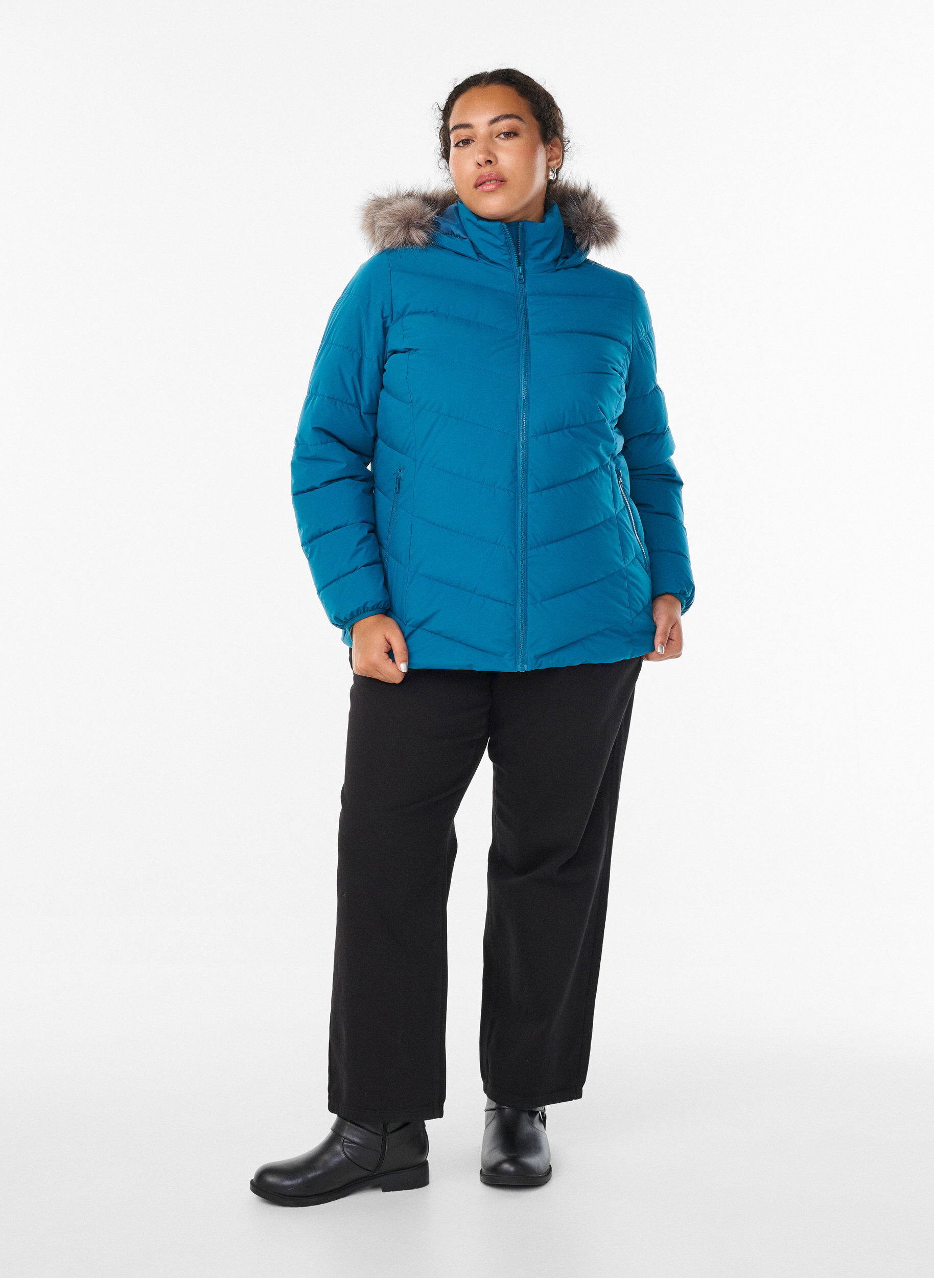 ZizzifashionShort puffer jacket with hood, Petrol, Model image number 1