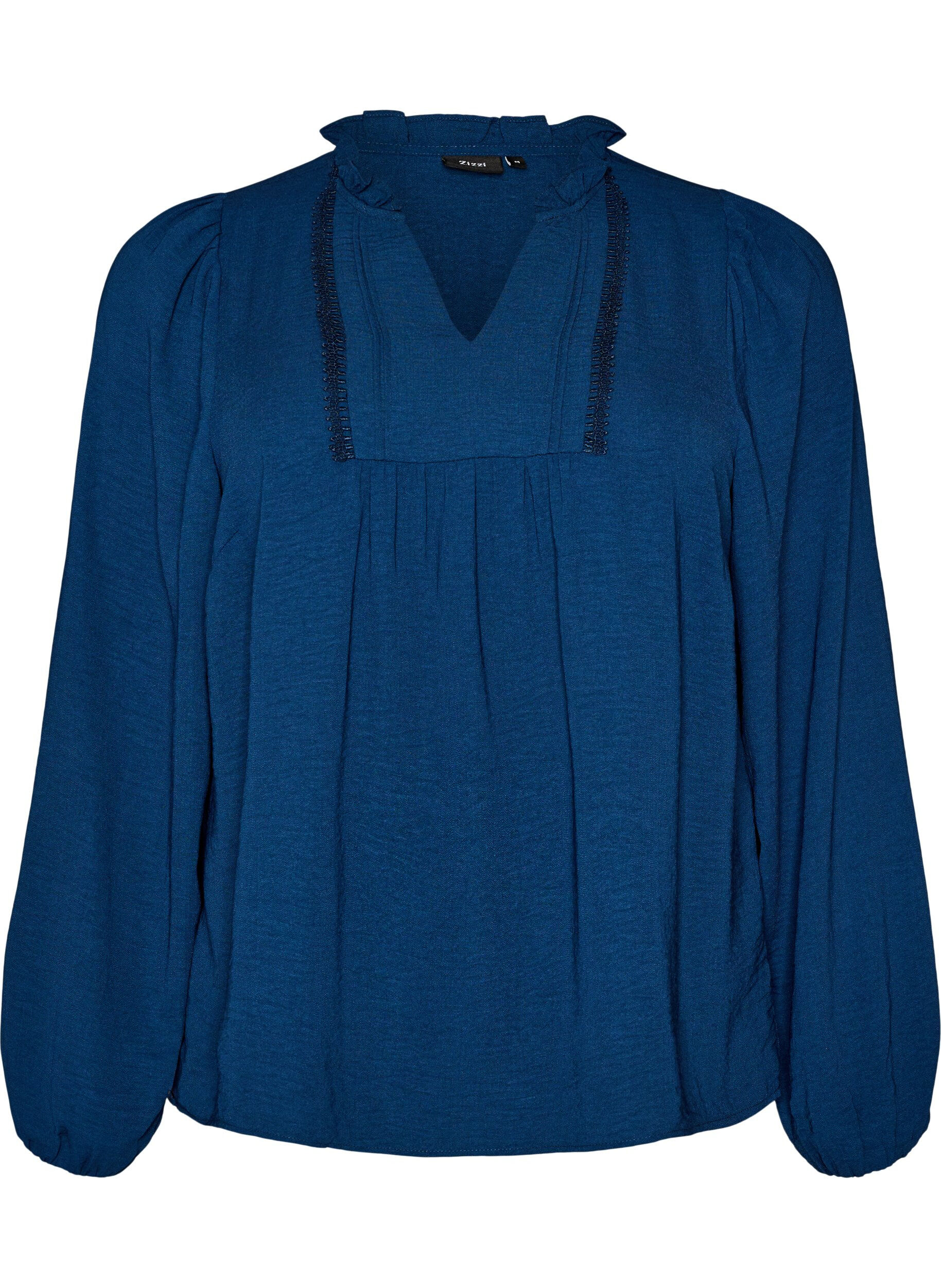 ZizzifashionBlouse with V-neck and crochet band, Blue, Packshot image number 0