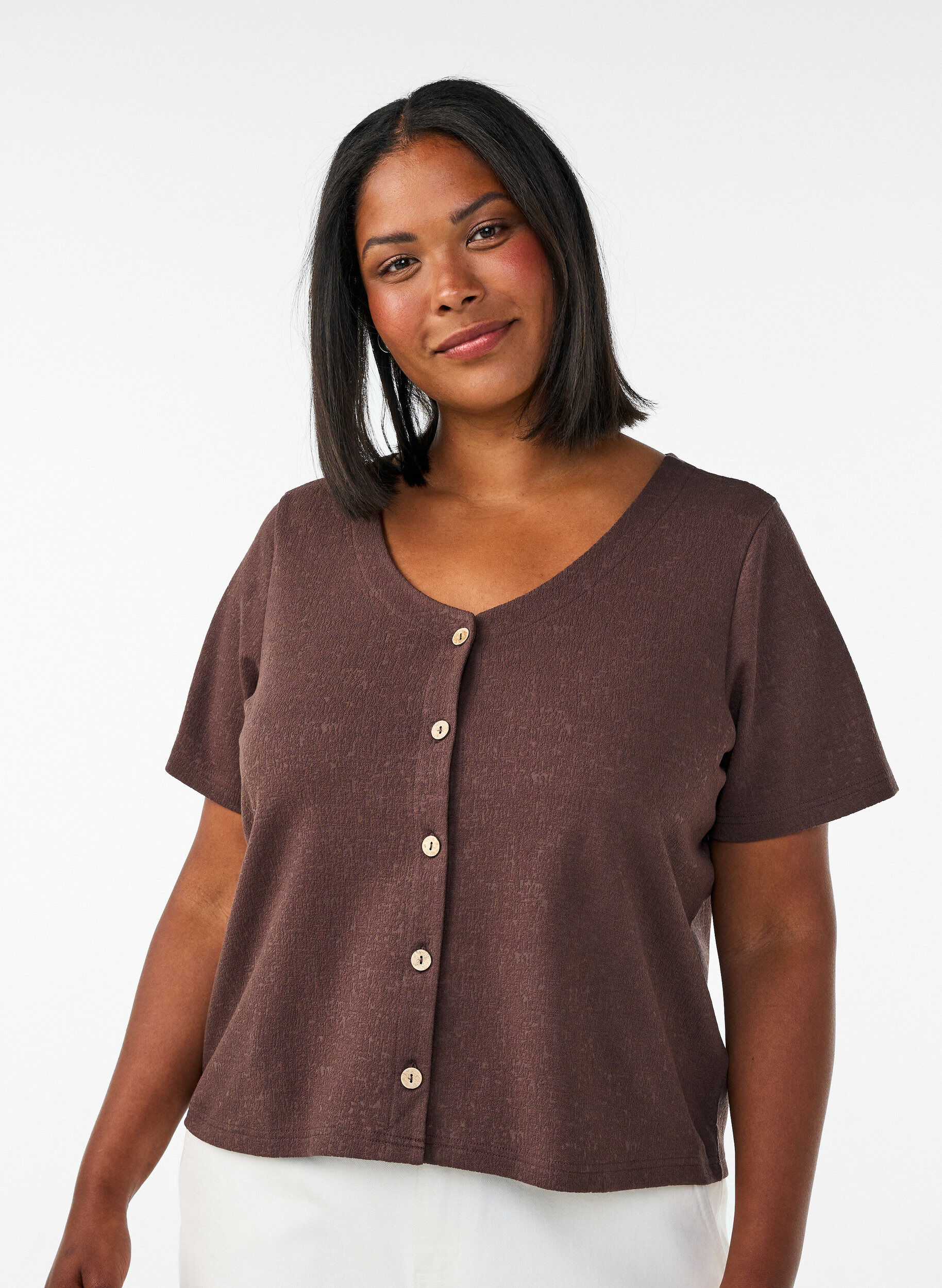 Zizzifashion Textured cotton blouse with button fastening, Brown, Model image number 0