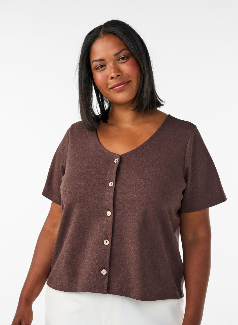 Textured cotton blouse with button fastening, Brown, Model image number 0