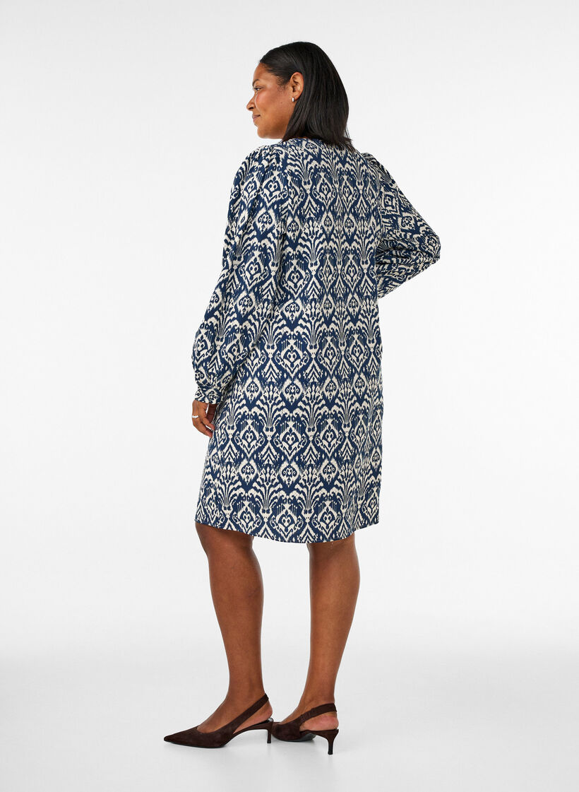 Patterned viscose dress with long sleeves, Blue, Model image number 2