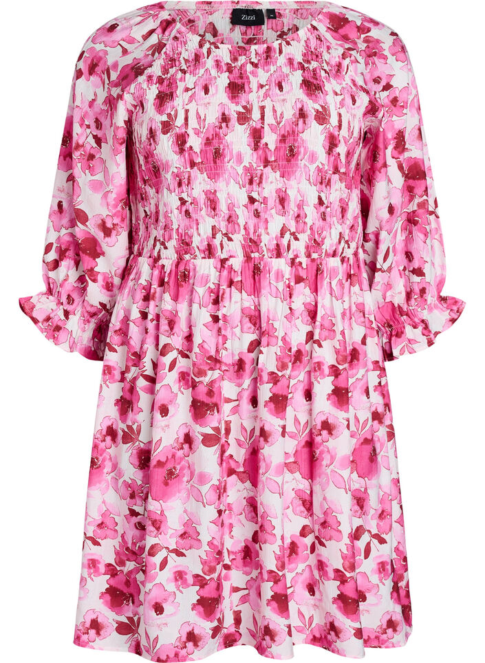Smocked dress with floral print, Pink, Packshot image number 0