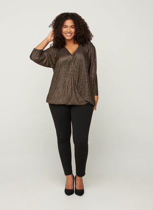 Blouse with a V-neckline and 3/4 length sleeves, Black w Gold, Model image number 2