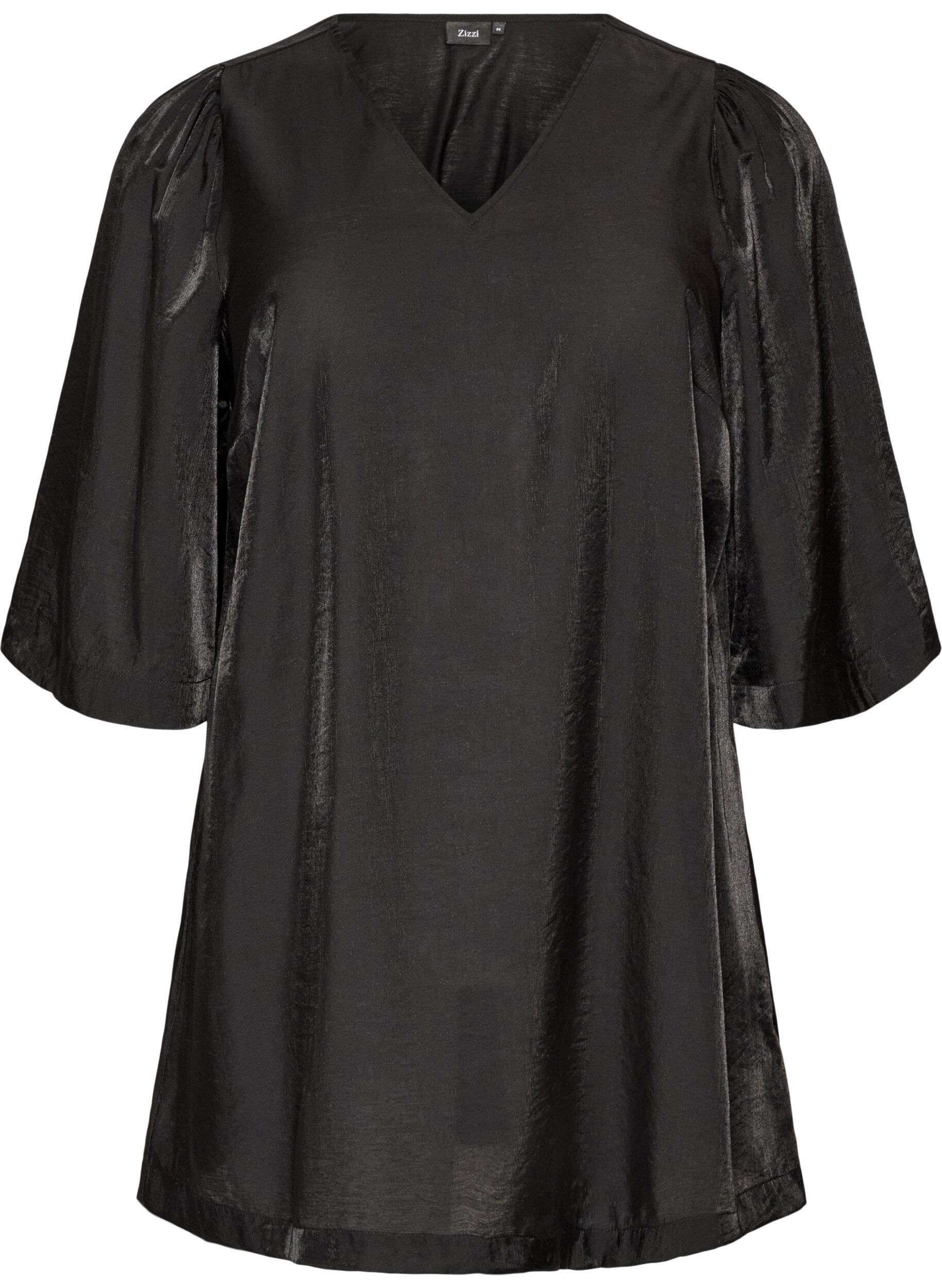 ZizzifashionShiny tunic with a V-neck and 3/4 sleeves, Black, Packshot image number 0