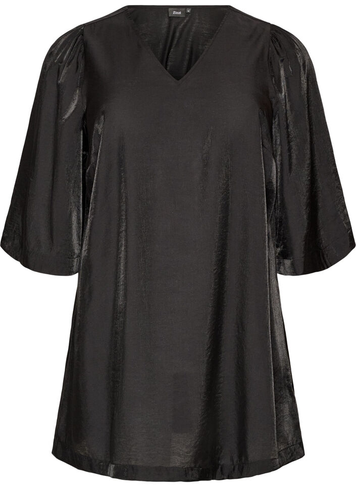 Shiny tunic with a V-neck and 3/4 sleeves, Black, Packshot image number 0