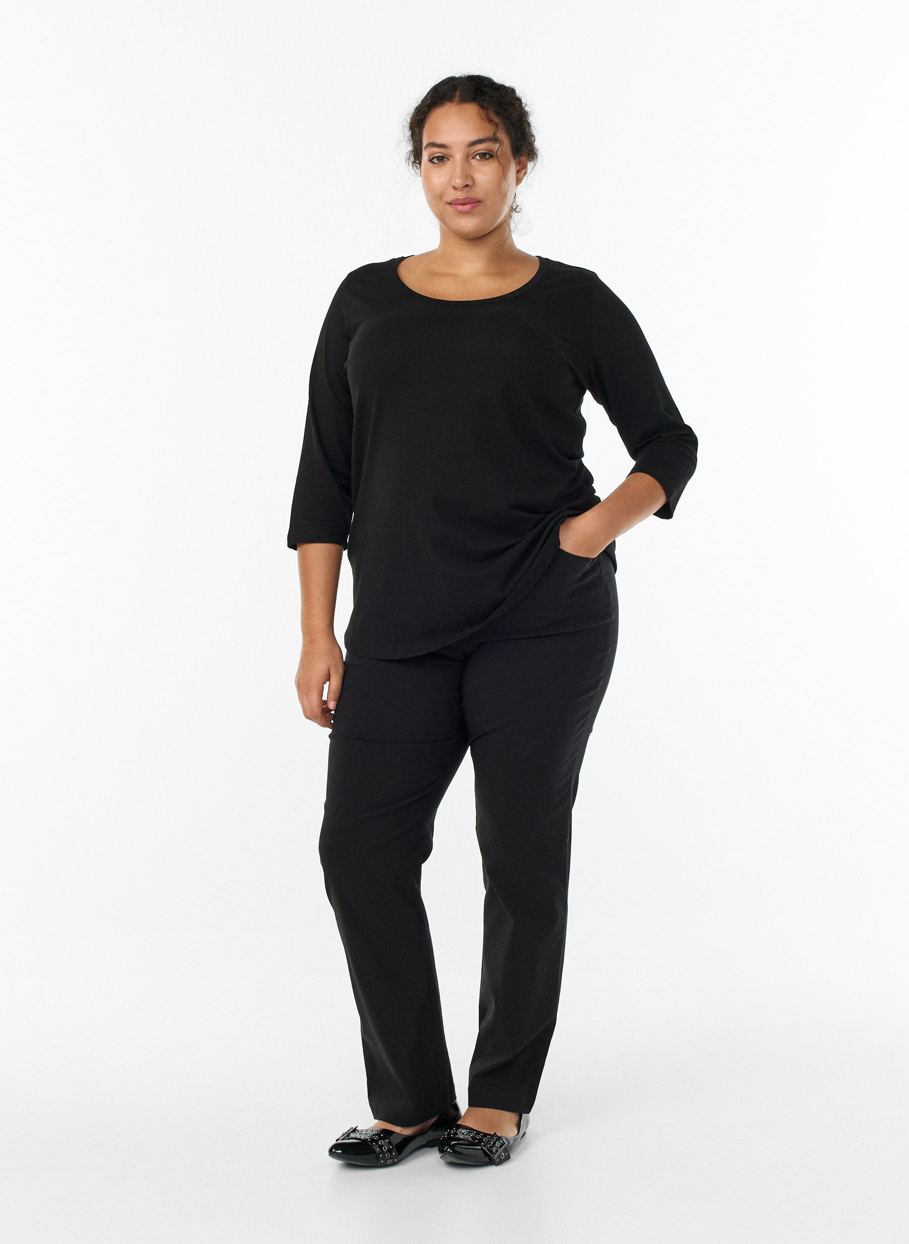 Zizzifashion Basic cotton t-shirt with 3/4 sleeves, Black, Model image number 1