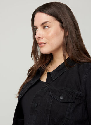 Short denim jacket with frayed hem, Black, Model image number 2