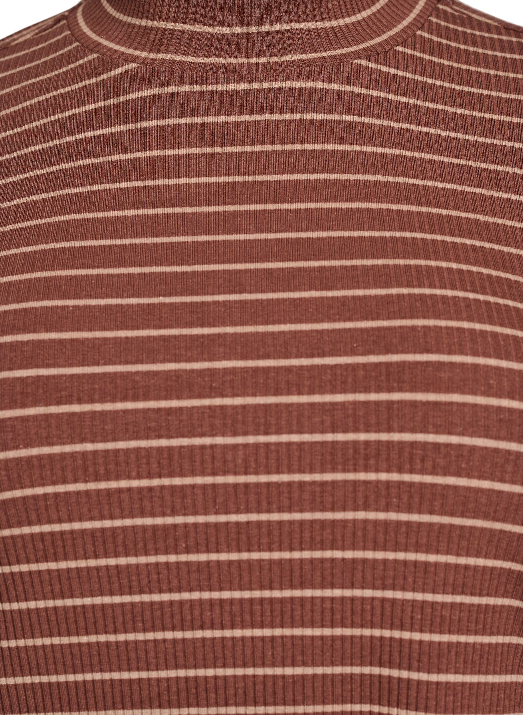 Zizzifashion Striped ribbed jersey blouse with a high neck, Brown, Packshot image number 2
