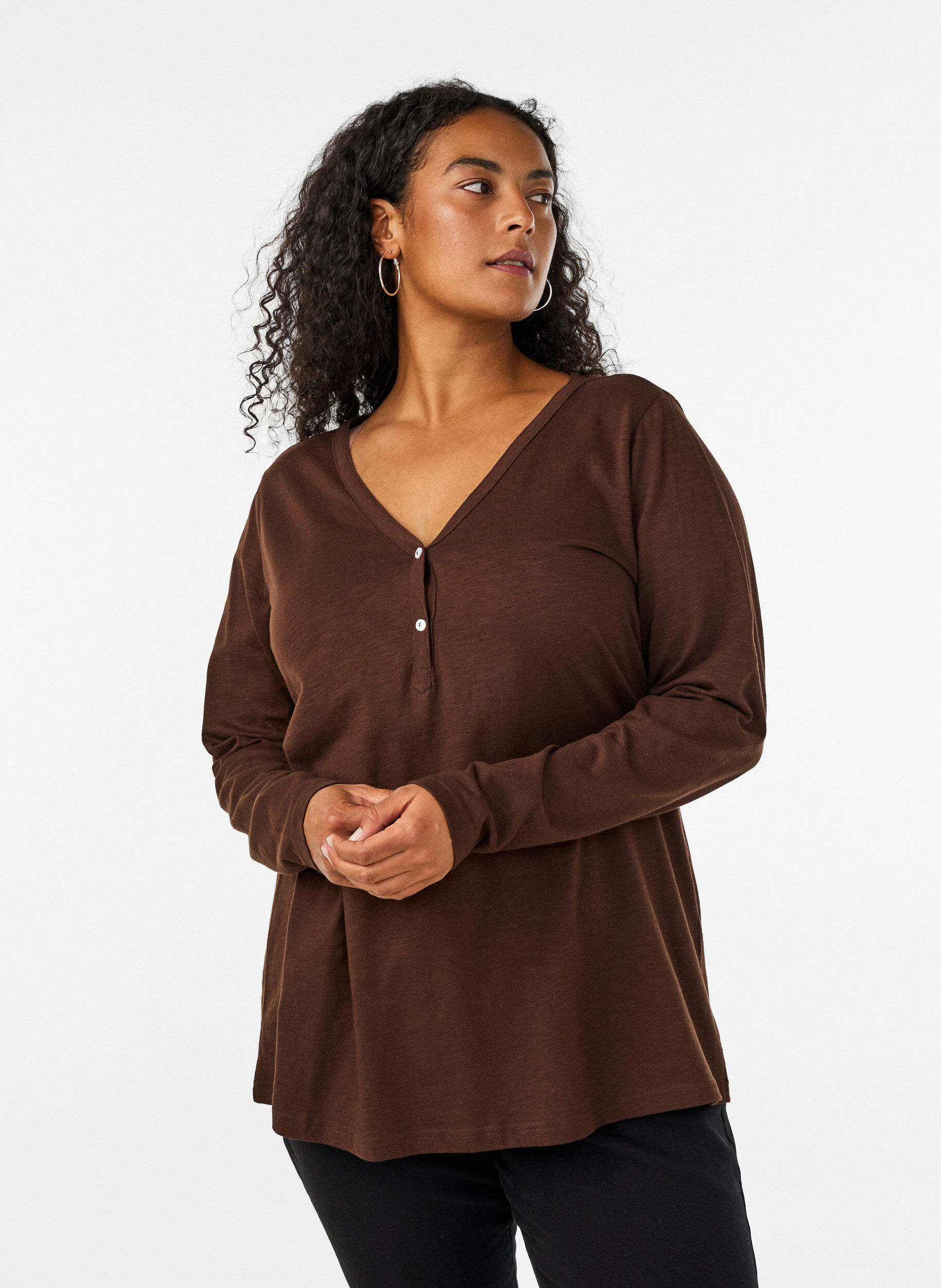 ZizzifashionLong-sleeved t-shirt with V-neck and buttons, Brown, Model image number 0