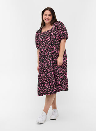Floral dress in cotton with puff sleeves, Flower AOP, Model image number 2