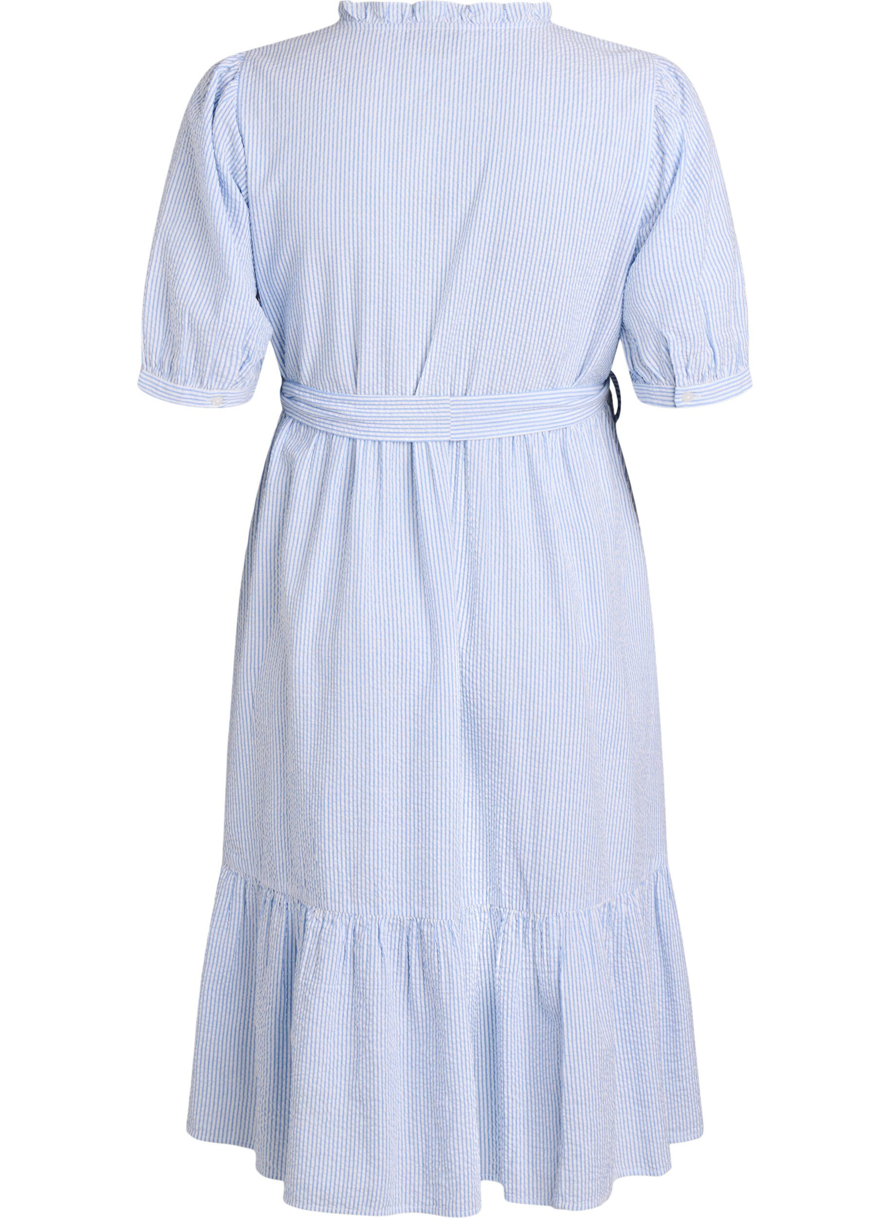 Zizzifashion Striped midi dress in cotton with a tie-belt, White, Packshot image number 1