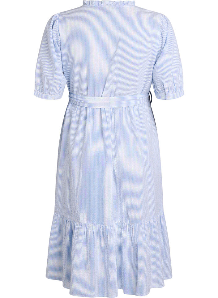 Striped midi dress in cotton with a tie-belt, White, Packshot image number 1