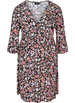Floral viscose dress with 3/4 sleeves, Flower AOP, Packshot image number 0