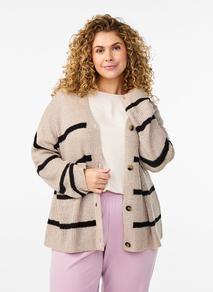FLASH - Knitted cardigan with stripes and buttons, Beige, Model image number 0