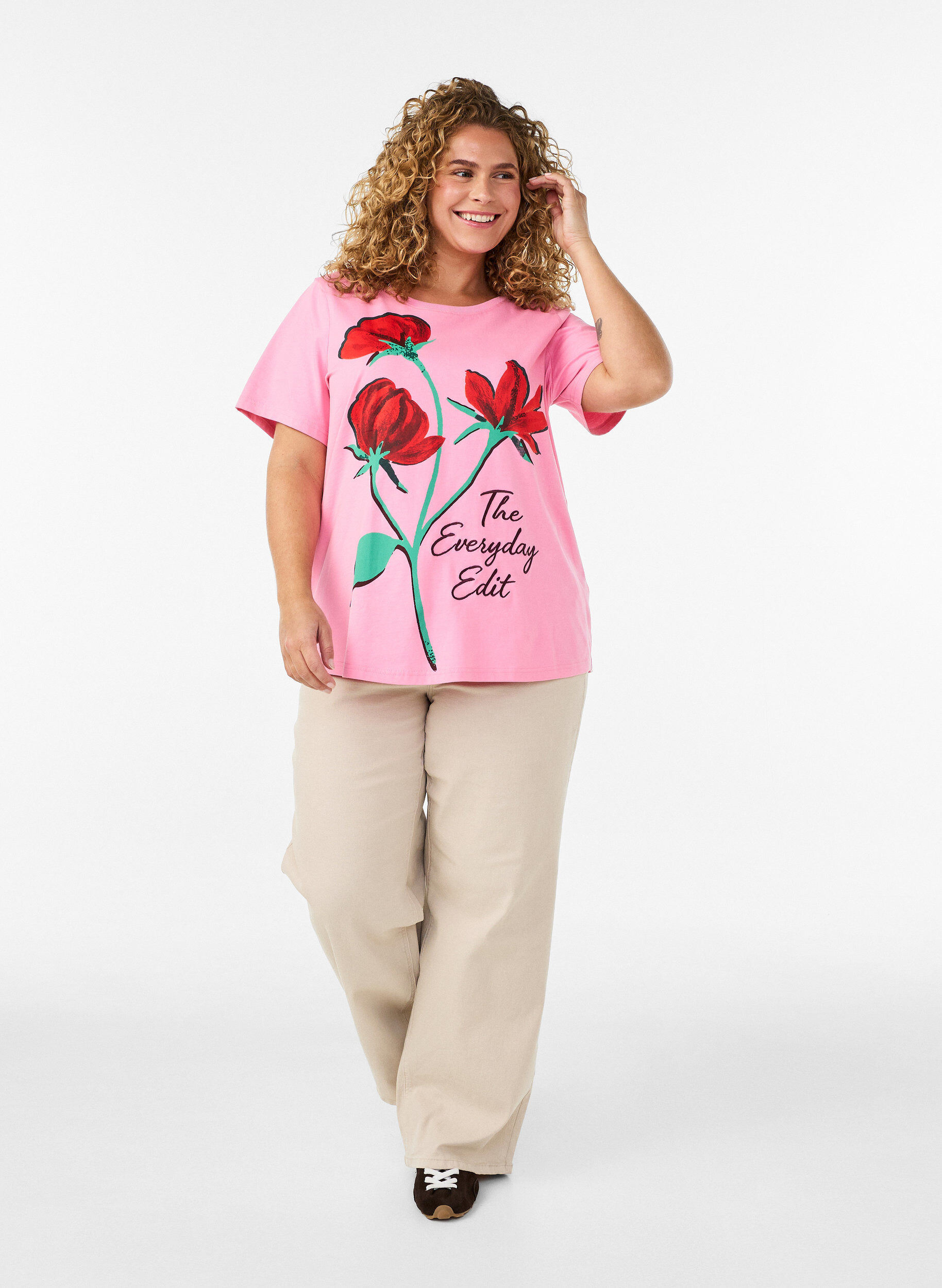 ZizzifashionCotton T-shirt with front print, Pink, Model image number 1