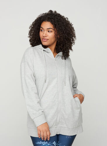Sweater cardigan with a zip and hood, Light Grey Melange, Model image number 0