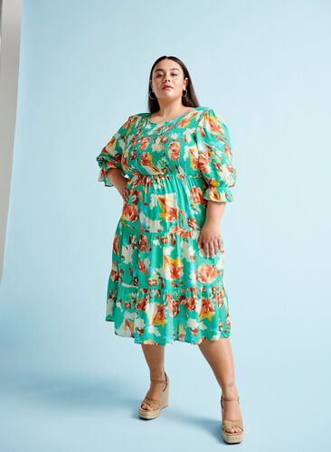 Printed viscose dress with smock at the top, Arcadia AOP, Image image number 0