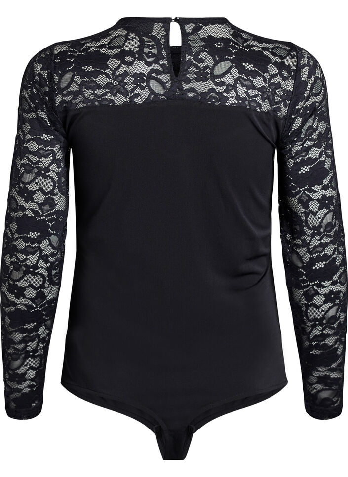 Fitted body with lace sleeves, Black, Packshot image number 1