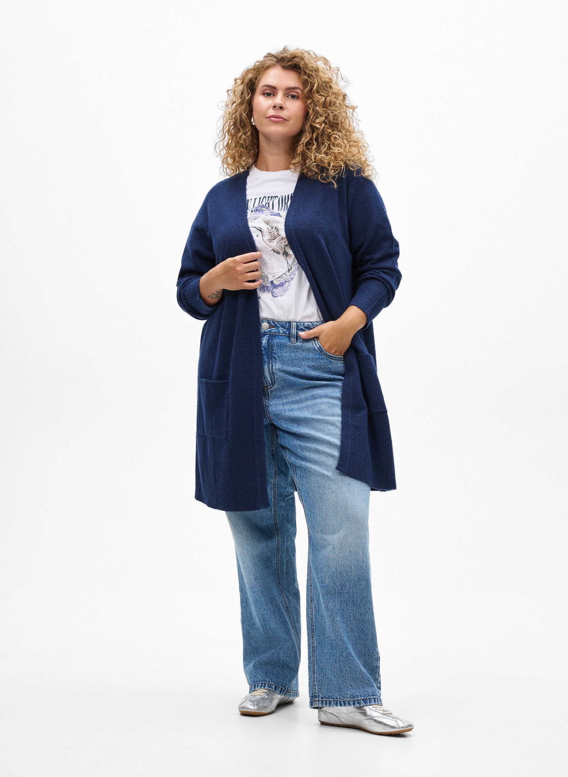 Zizzifashion Ribbed Knit Cardigan with Pockets, Blue, Model image number 1