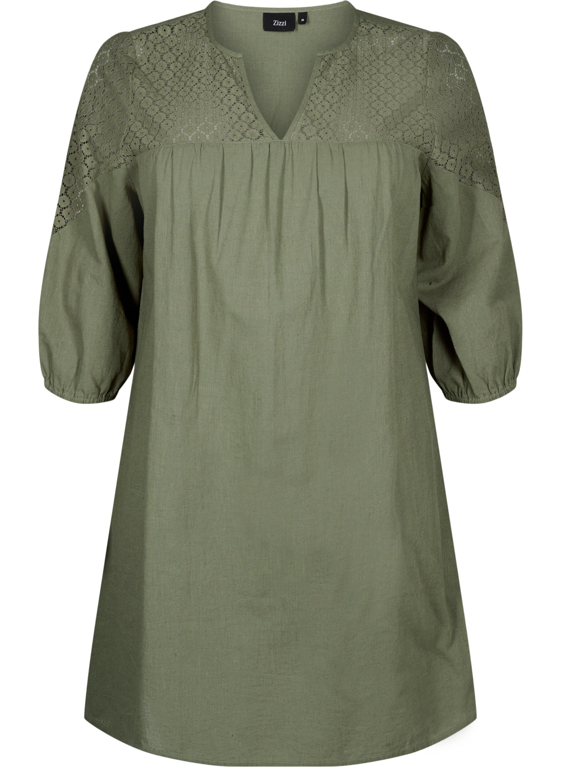 Zizzifashion Dress in a cotton blend with linen and crochet detail, Deep Lichen Green, Packshot image number 0