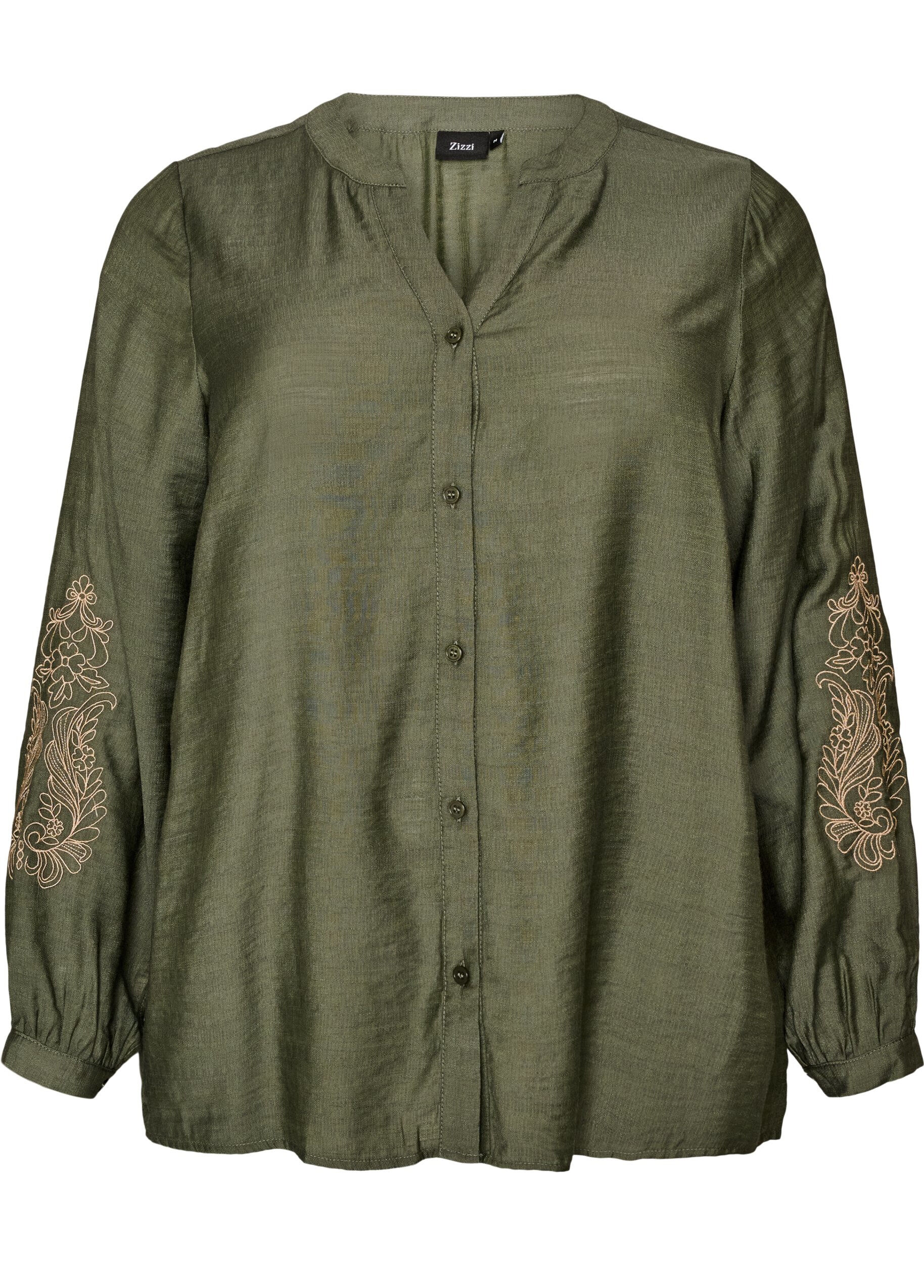 ZizzifashionViscose shirt with embroidered sleeves, Green, Packshot image number 0
