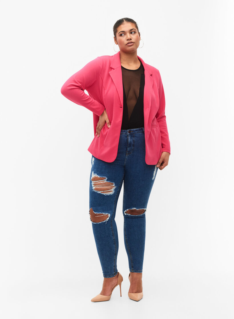 Tight-fitting jeans with rip details, Blue denim, Model image number 0