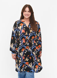 Printed dress with drawstring at the waist, Black Flower AOP, Model