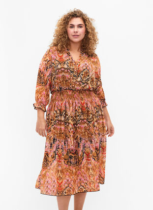Printed midi dress with smock and 3/4 sleeves, Colorful Ethnic, Model image number 0