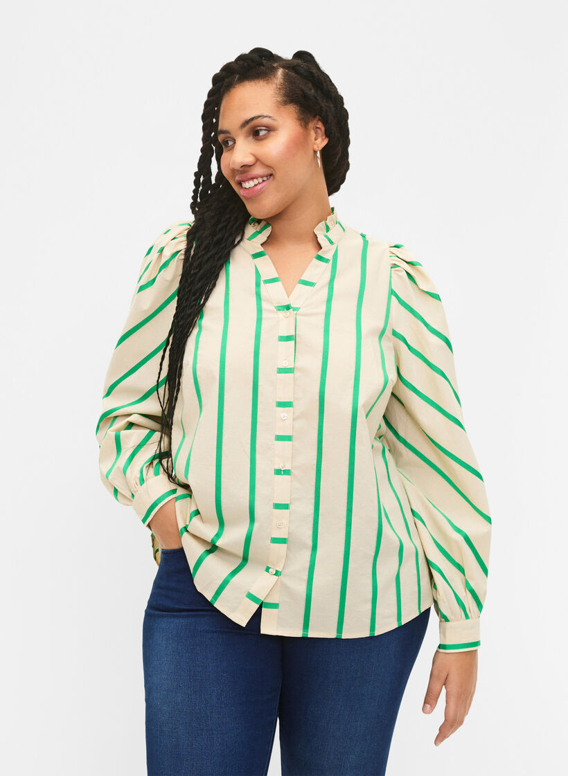 Striped cotton shirt blouse with ruffle collar, Beige Green Stripe, Model image number 0