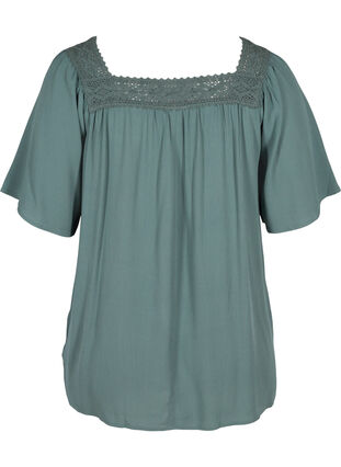 Short-sleeved viscose blouse with lace, Balsam Green, Packshot image number 1