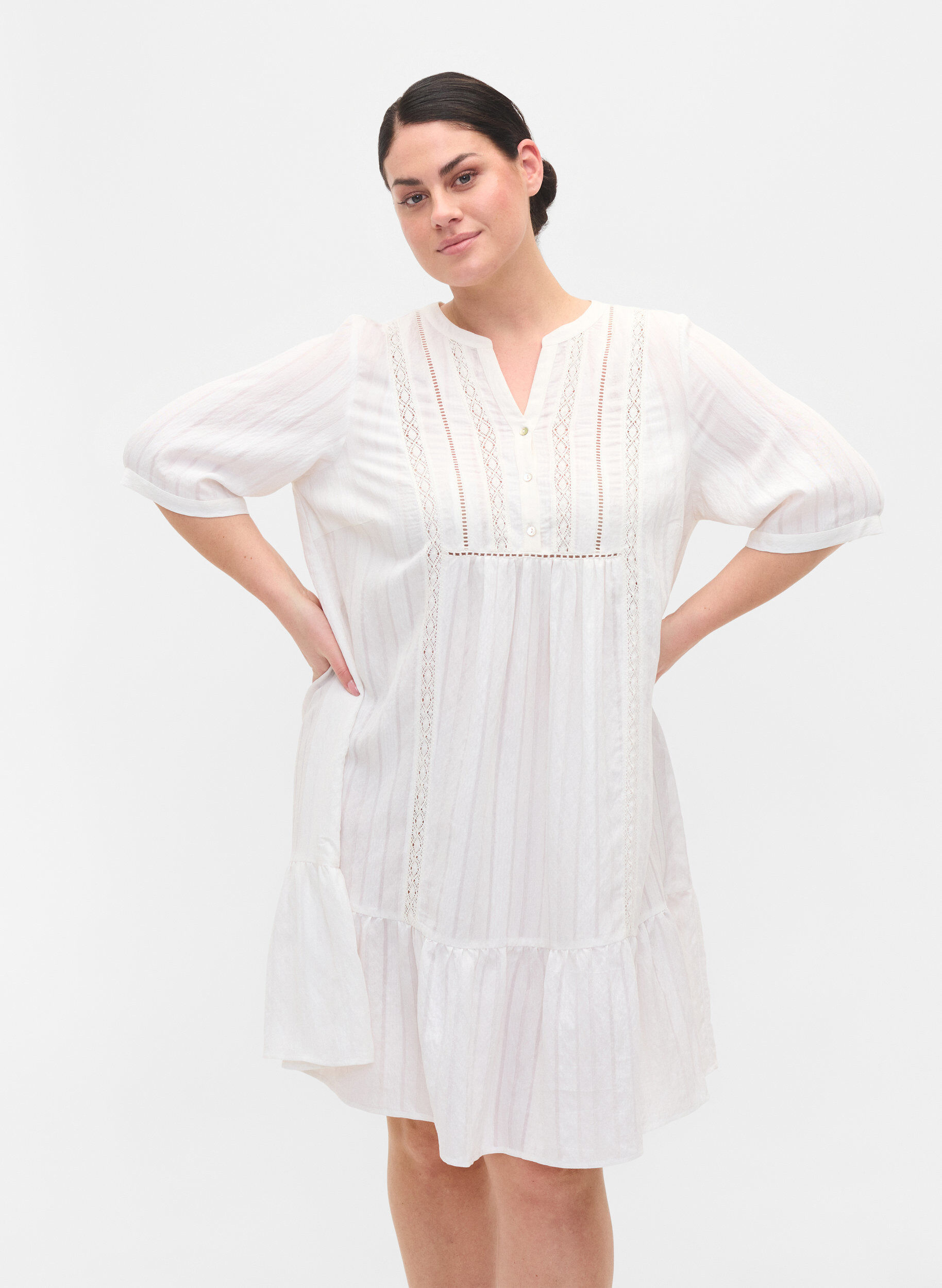 Zizzifashion Striped viscose dress with lace ribbons, Bright White, Model image number 0