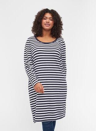 Striped cotton dress with long sleeves , NS w. White Thin, Model image number 0