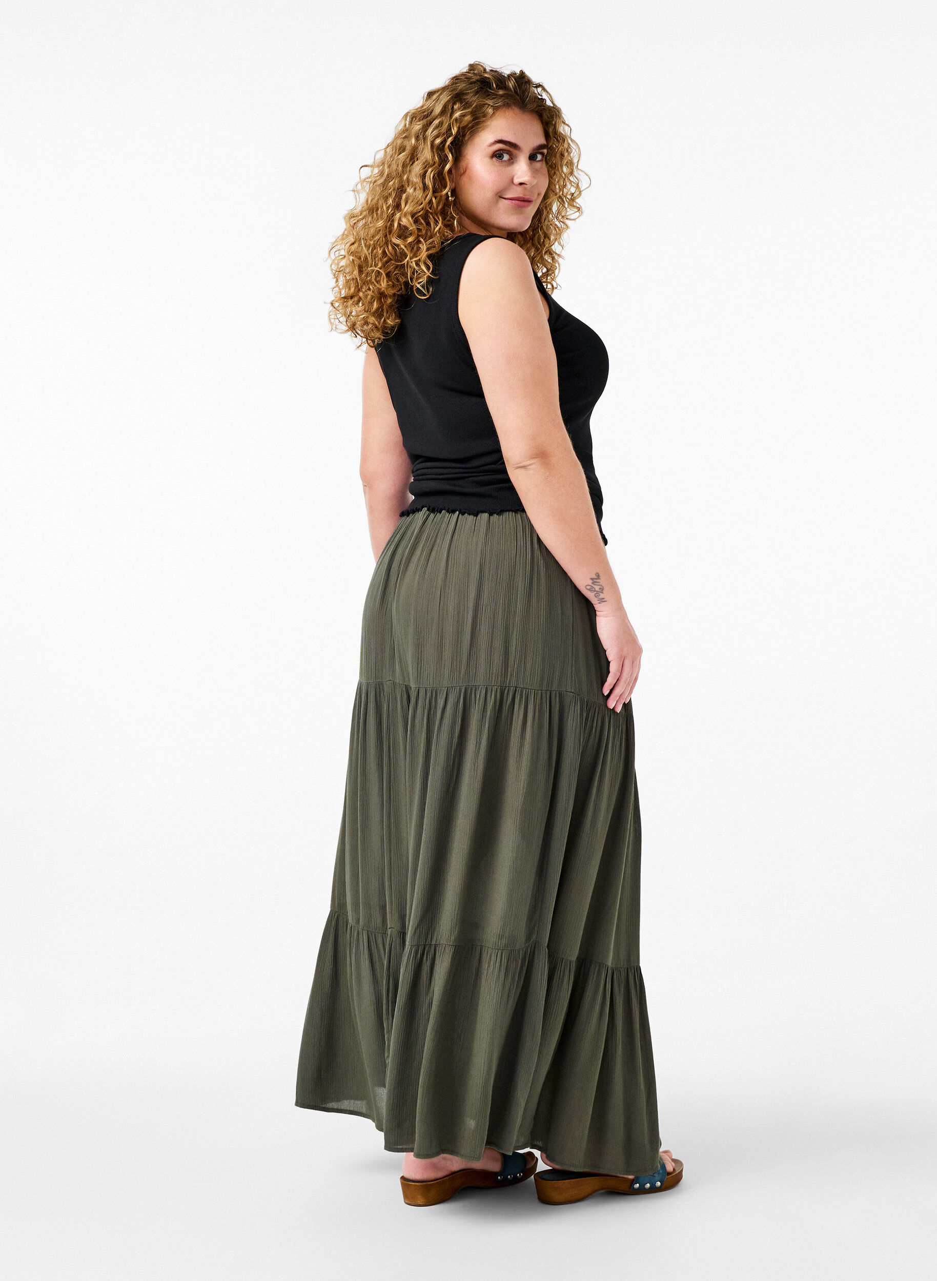 Zizzifashion Long skirt with elasticated waist, Green, Model image number 1
