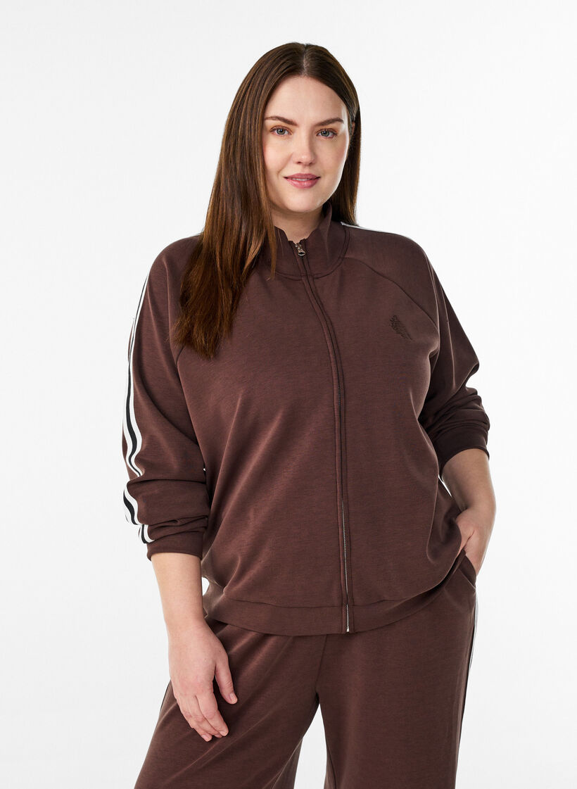 High-neck training top with stripes on the sleeves, Brown, Model image number 0