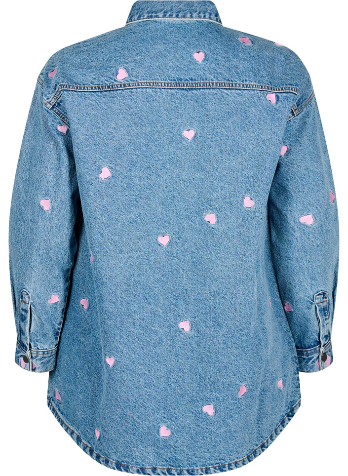 Loose denim shirt with embroidered hearts, Light Blue Heart, Packshot image number 1