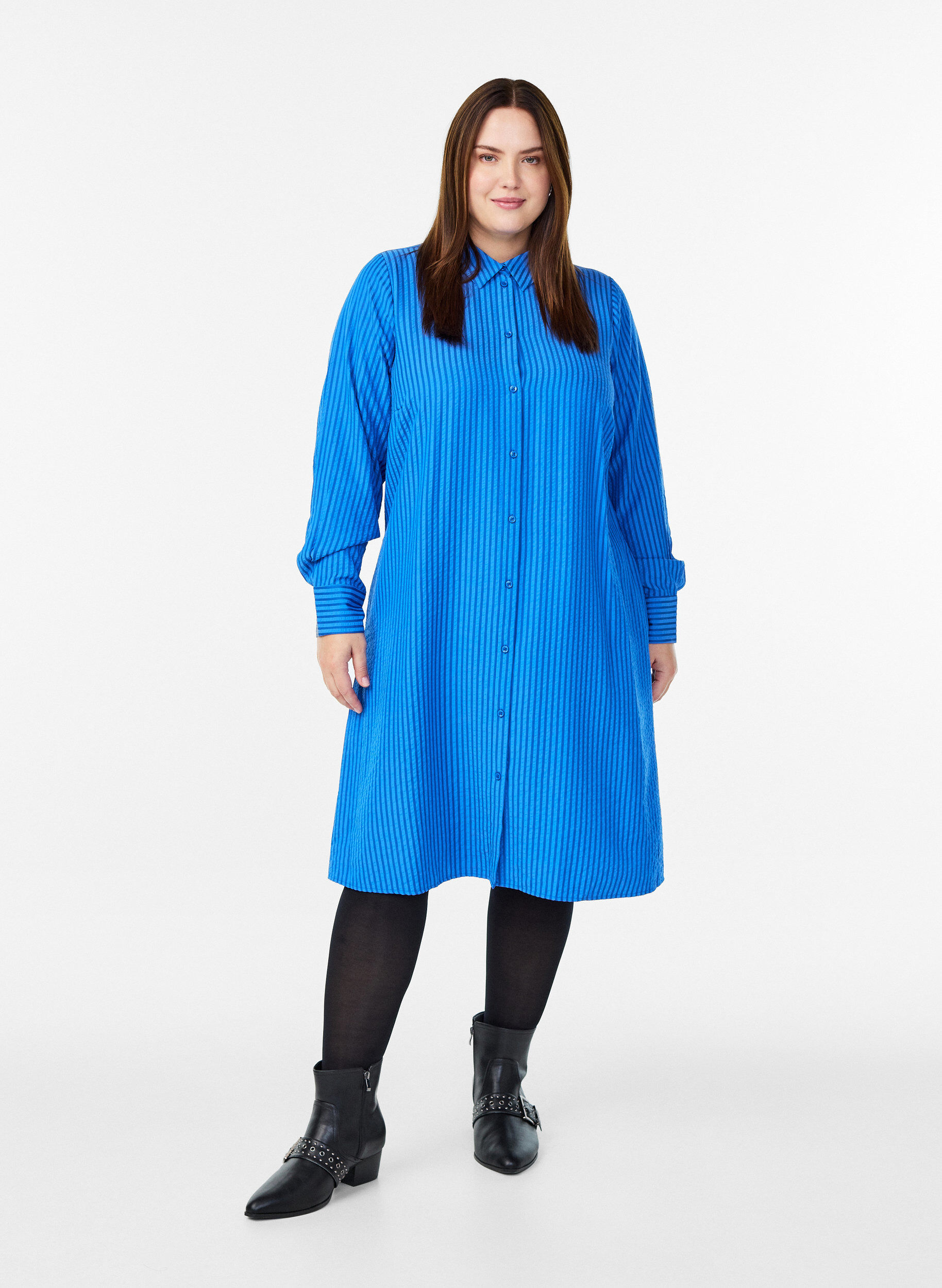 Zizzifashion Long striped shirt with button detail on the back, Blue, Model image number 1