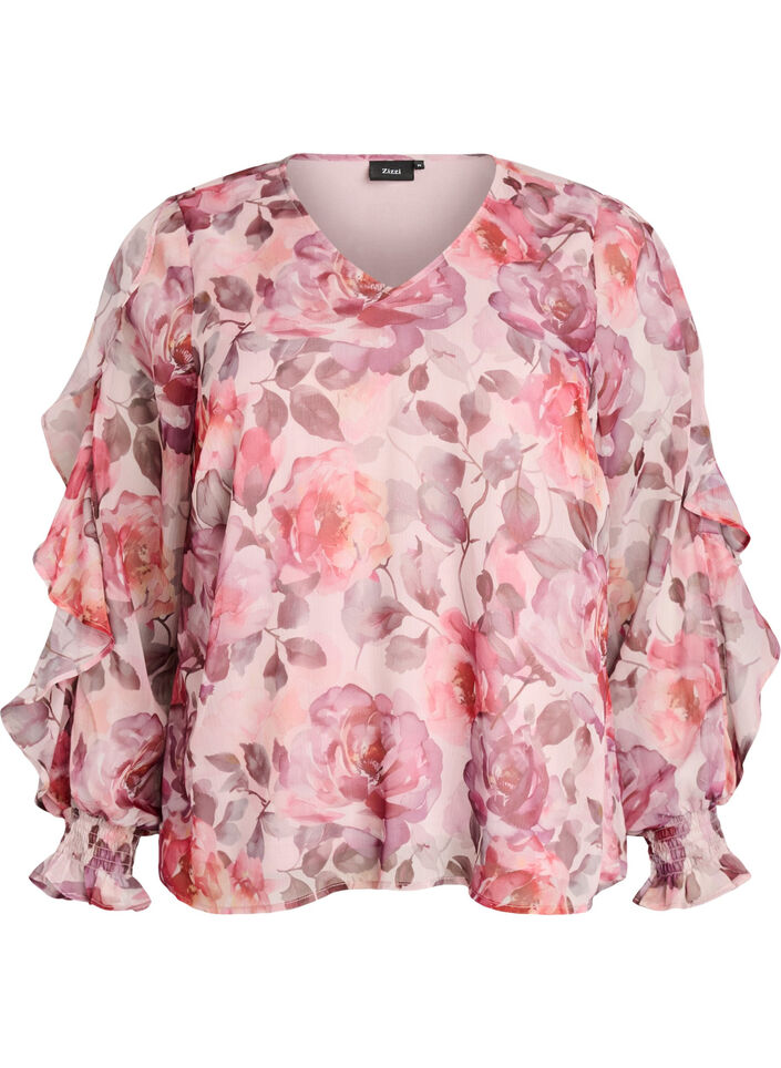 Floral blouse with a V-neck and ruffle sleeves, Rose, Packshot image number 0