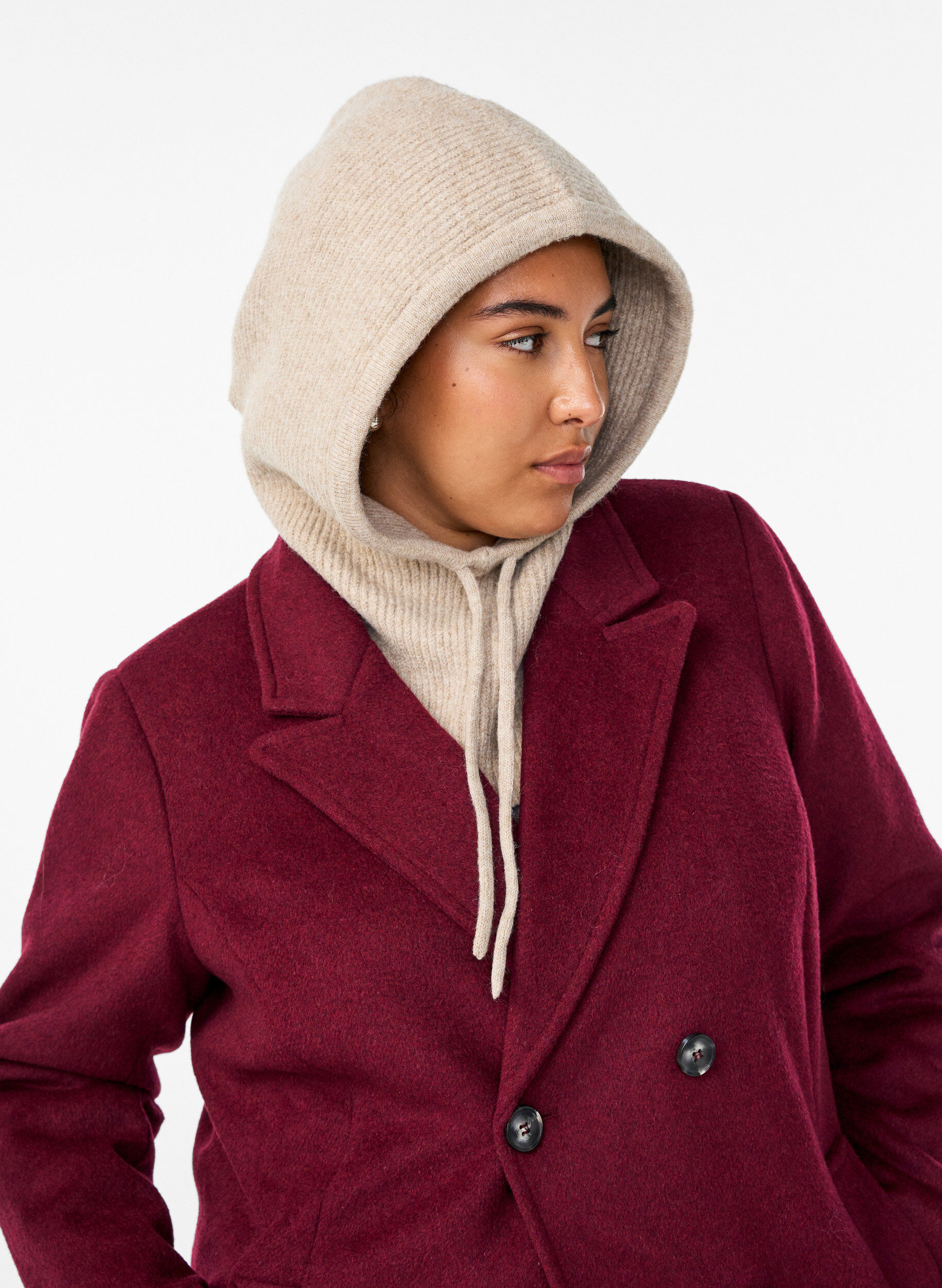 Zizzifashion Knitted balaclava with drawstrings, Beige, Model image number 1