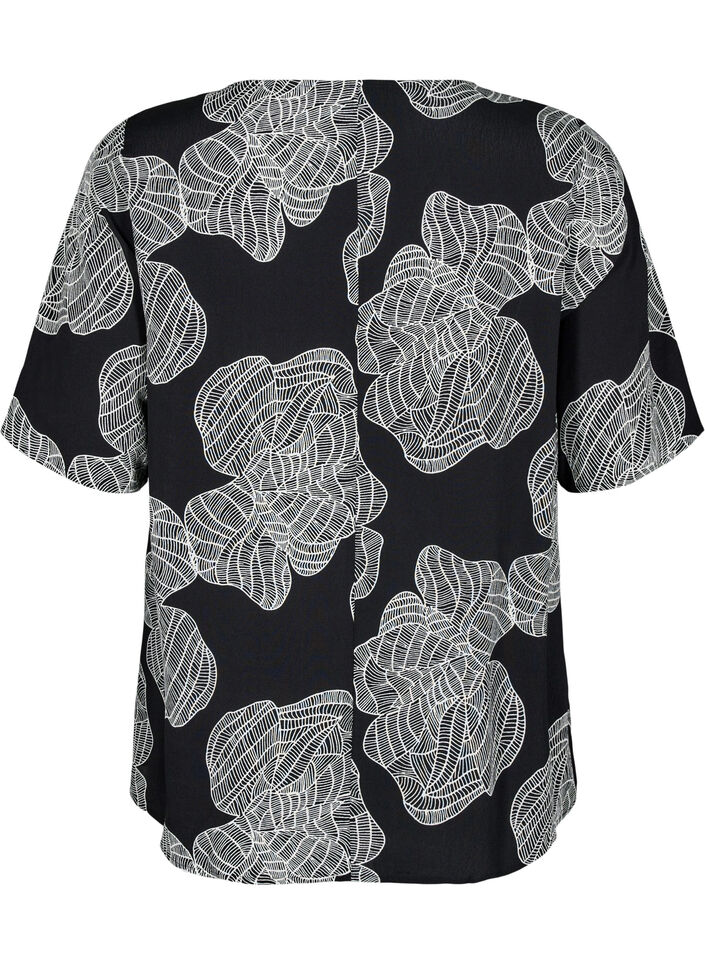 Short sleeve viscose Blouse with print, Black, Packshot image number 1