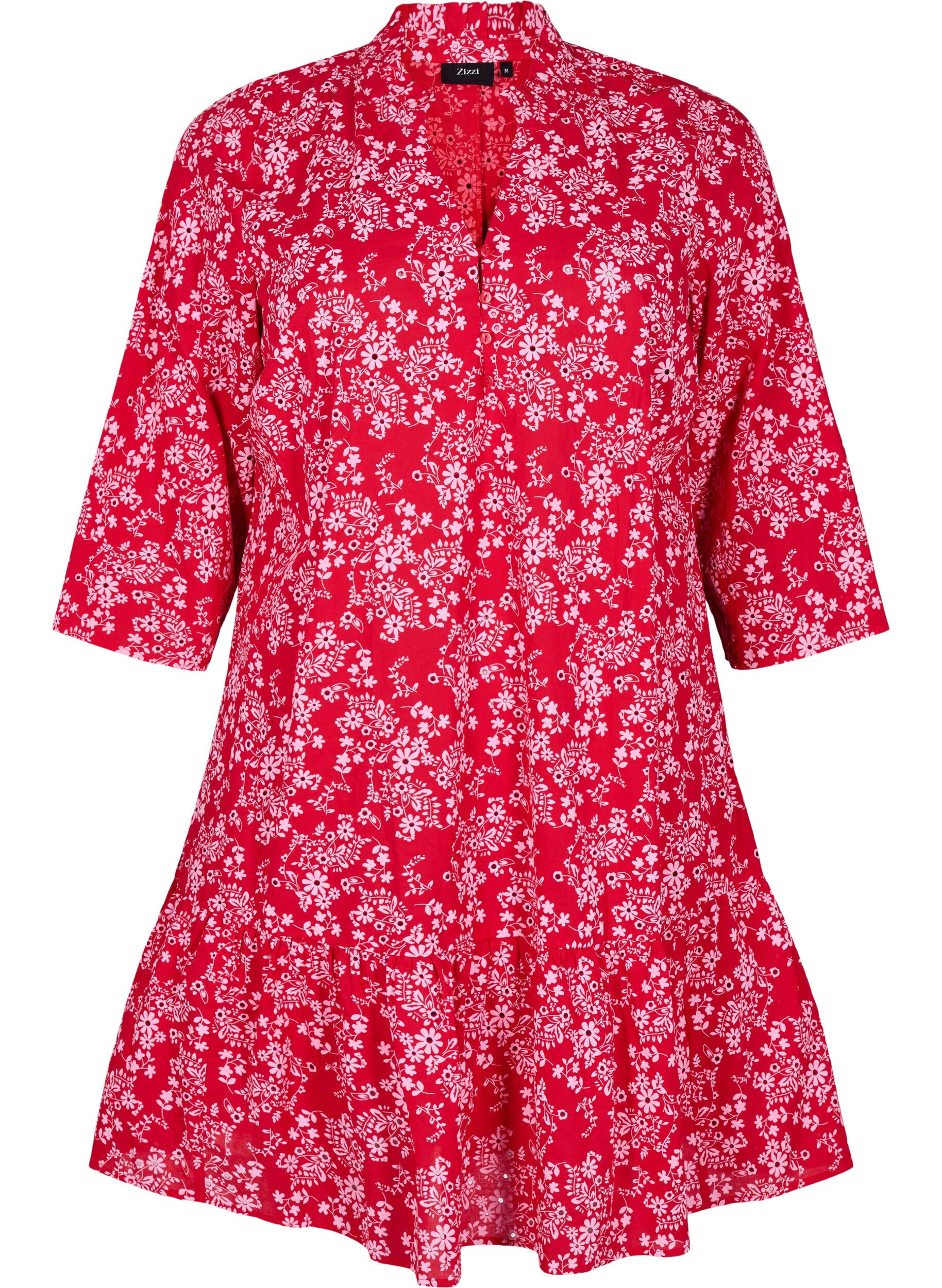 Zizzifashion Knee-length dress with floral print and 3/4 sleeves, Red, Packshot image number 0