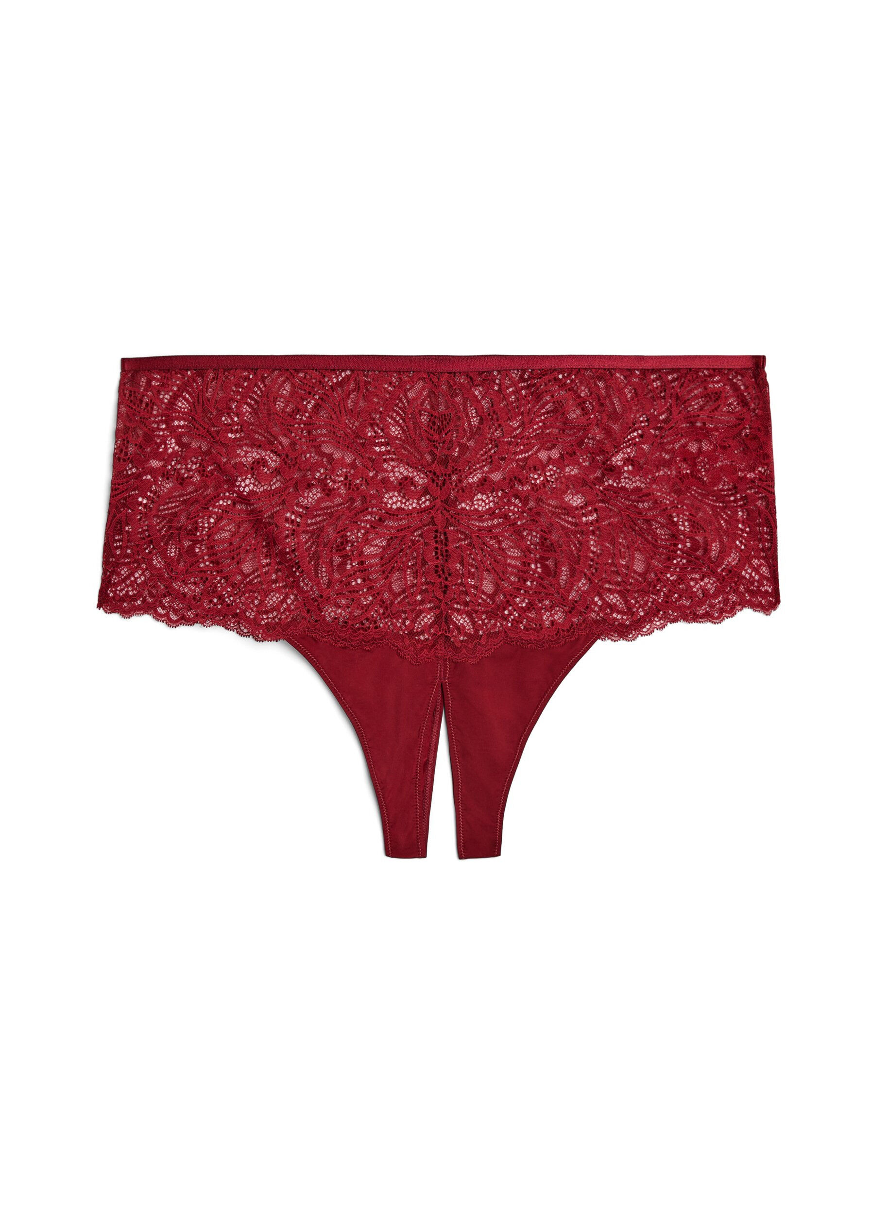 Crotchless hipster thong with lace and high waist