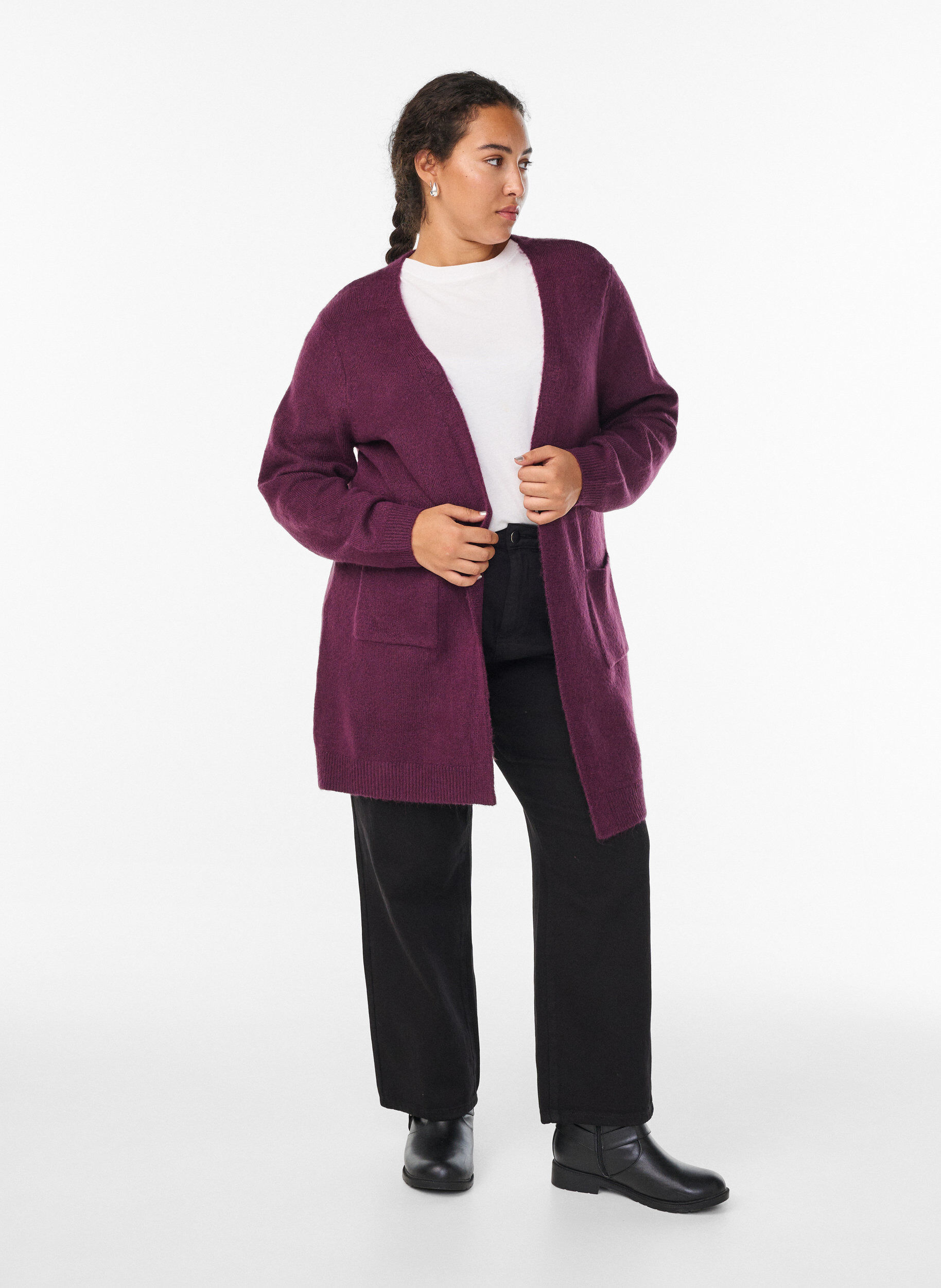 Zizzifashion Long knitwear cardigan with pockets, Purple, Model image number 1