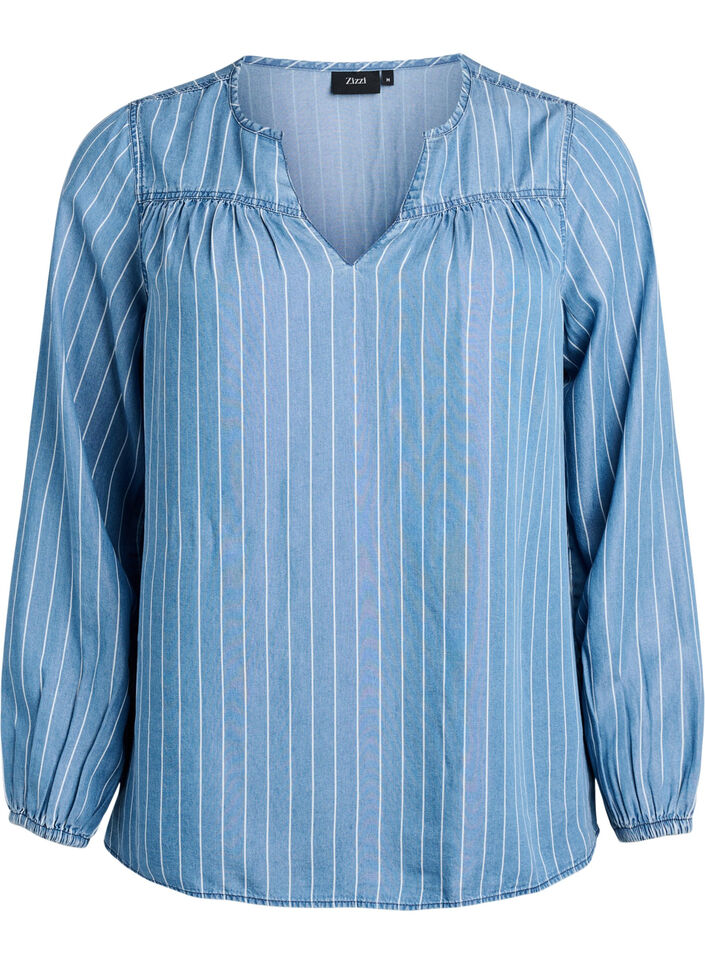 Striped denim blouse with long sleeves, Blue, Packshot image number 0