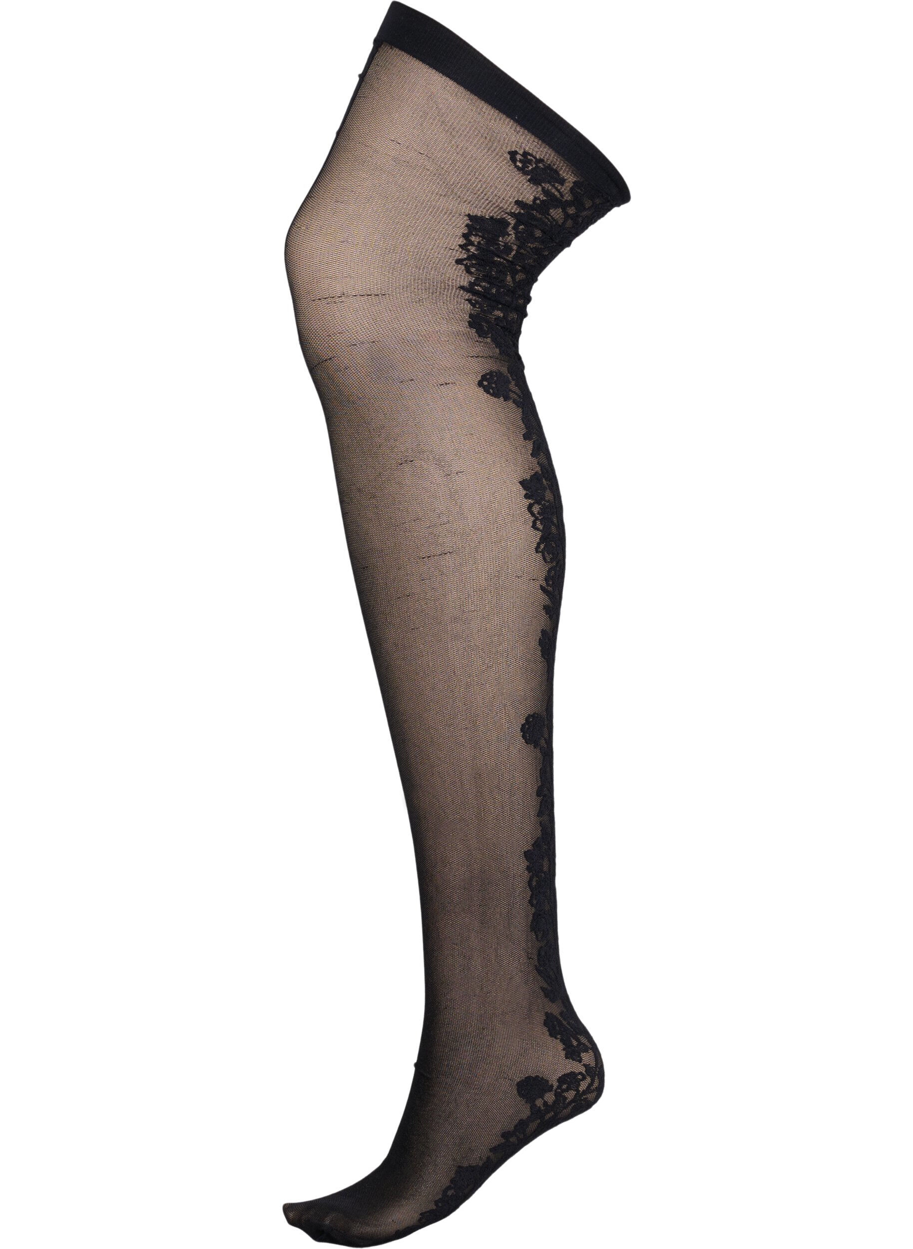 Zizzifashion 	 Hold-up stockings in 30 denier with lace, Black, Packshot image number 0